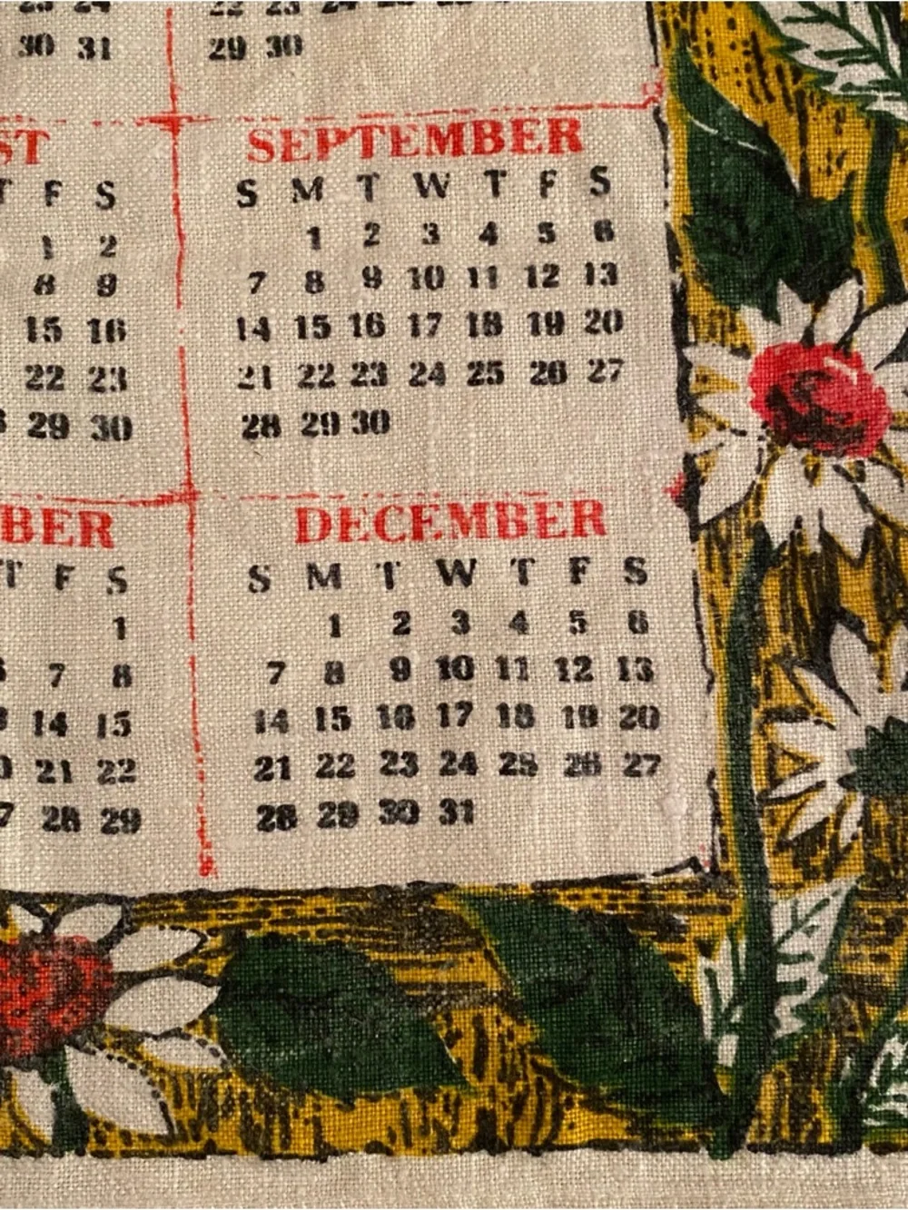 Vintage 1969 Dish Towel Calendar Rooster & Flowers Linen Retro Rustic Farmhouse